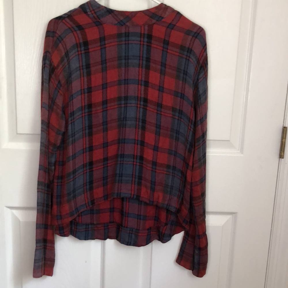 Bella Dahl Red and Blue Plaid Lace Up Back Mock Neck High low blouse size SMALL